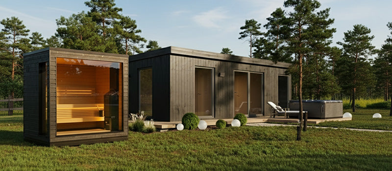 Luxury outdoor wellness setup featuring a modern Saunum glass-front sauna, an Estholz garden house, and a Wellis hot tub set in a scenic forest landscape.