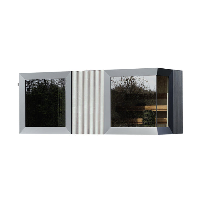Geneva St. Moritz outdoor sauna cabin with sleek mirrored glazing, compact form and vertical timber centre panel on white background.