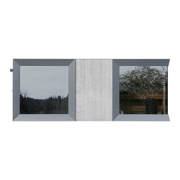 Frontal elevation of Geneva St. Moritz outdoor sauna unit with tinted dual glass panels and vertical timber detail on white background.