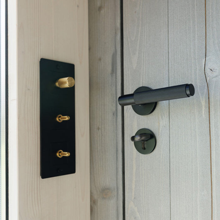 Close-up of matte black handle and golden toggle switches inside Geneva St. Moritz outdoor sauna, highlighting premium interior fittings.
