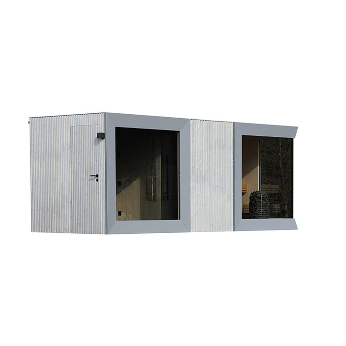 Angled side view of Geneva St. Moritz sauna with shower room, showing entrance door and large glass panels with visible HUUM heater.