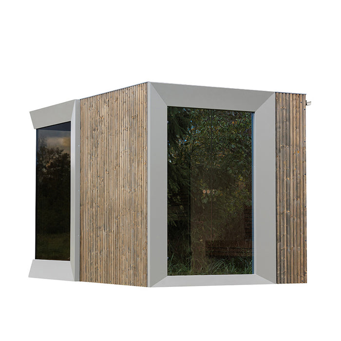 Angled view of the Zermatt outdoor sauna featuring vertical timber cladding and dual glass panels with a sleek modern profile.