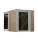 Angled view of the Zermatt outdoor sauna featuring vertical timber cladding and dual glass panels with a sleek modern profile.