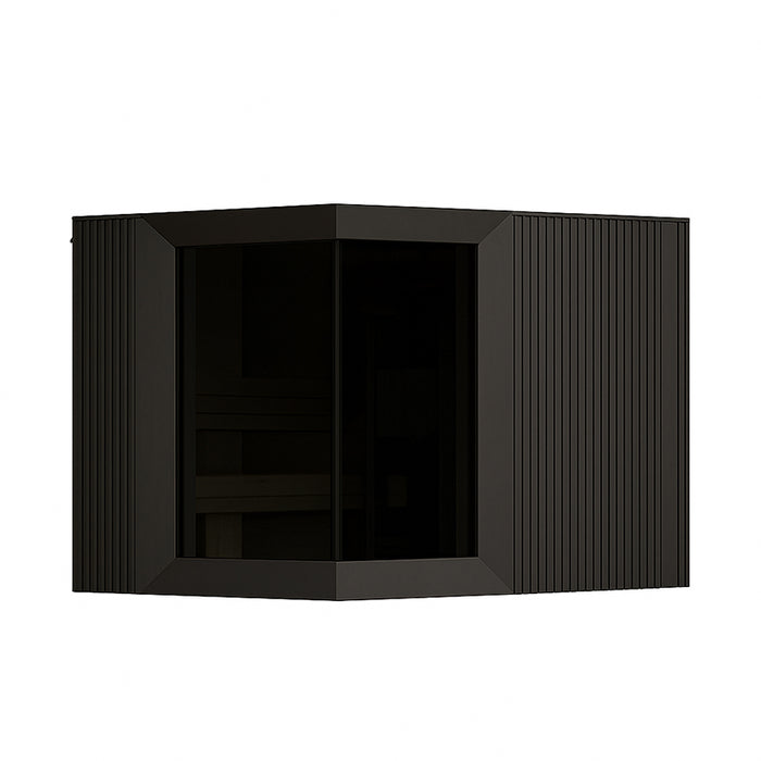 Zermatt sauna in charcoal black tone with minimalist vertical panelling and a reflective dark glass centrepiece.