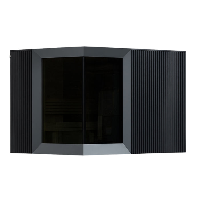 Modern Zermatt outdoor sauna model in matte black finish with seamless vertical cladding and dark privacy glass frontage.