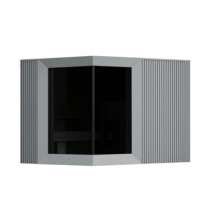Sleek grey-finished Zermatt outdoor sauna with precision-lined vertical cladding and full glass front panel for modern garden retreats.