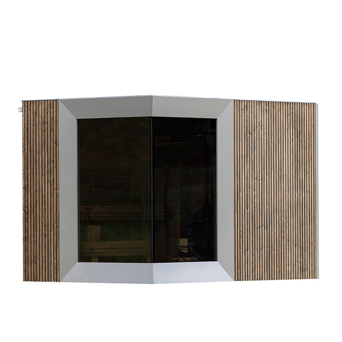 Front elevation of the Zermatt outdoor sauna showcasing its clean architectural lines, large glass window and natural wood finish.