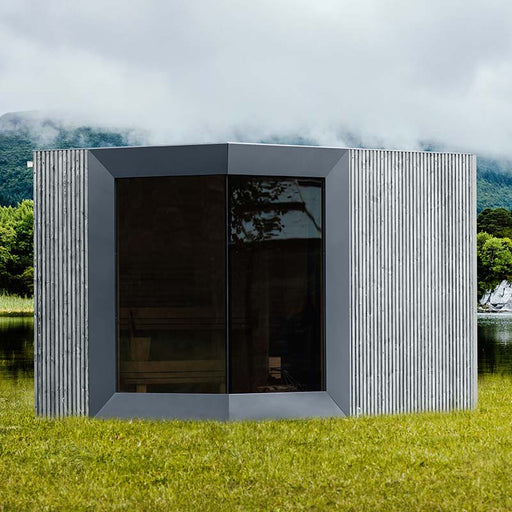 Genevas Zermatt Outdoor Sauna with Shower Room in Front View.