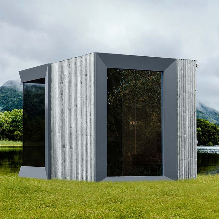 Genevas Zermatt Outdoor Sauna with Shower Room in SIde View.