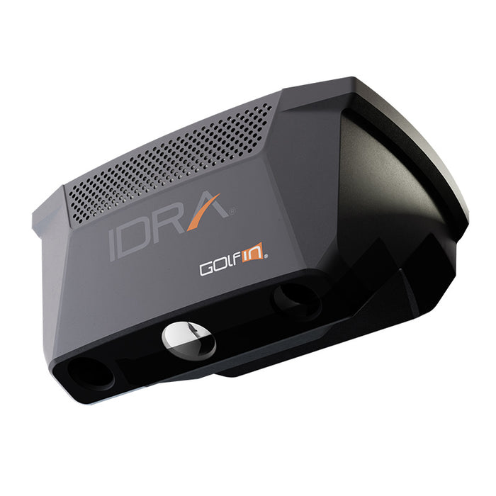 Angled product view of the GolfIn IDRA II Launch Monitor, showcasing advanced dual-sensor technology and aerodynamic design for precise golf swing measurement.