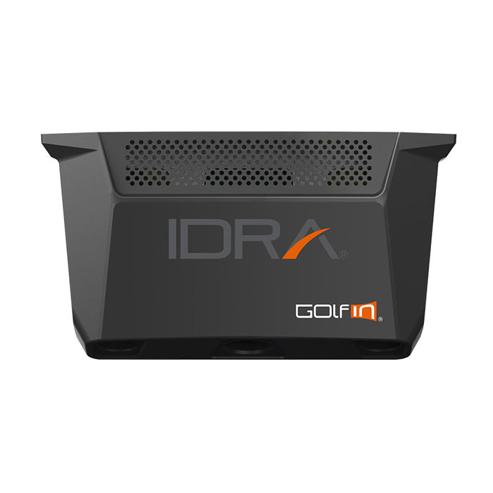 Front view of the GolfIn IDRA II Launch Monitor showing logo and triple lens array, designed for professional-level indoor golf simulation and swing accuracy.