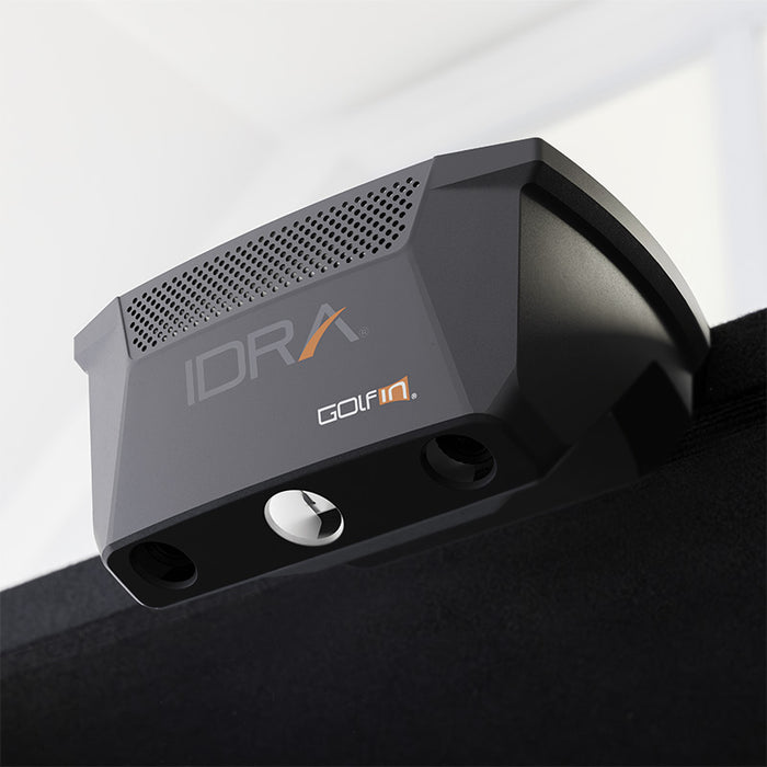 GolfIn IDRA II Launch Monitor mounted on simulator frame, featuring dual camera sensors and branding for high-accuracy ball tracking and club data capture.