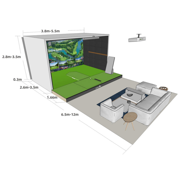 Diagram showing the dimensions of the Golfjoy commercial golf simulator setup, including length, width, and height, with a detailed layout of the simulator area and surrounding furniture.