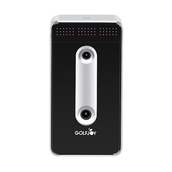 A front view of the Golfjoy GDS Plus launch monitor, featuring a sleek black and white design with dual cameras for accurate golf swing analysis.