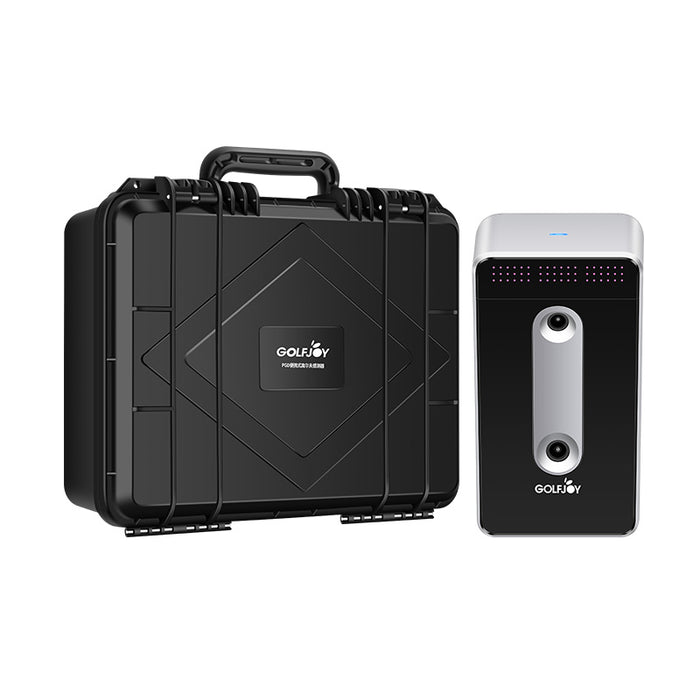 Complete set of the Golfjoy GDS Plus Launch Monitor, including the durable carrying case for easy portability and protection.