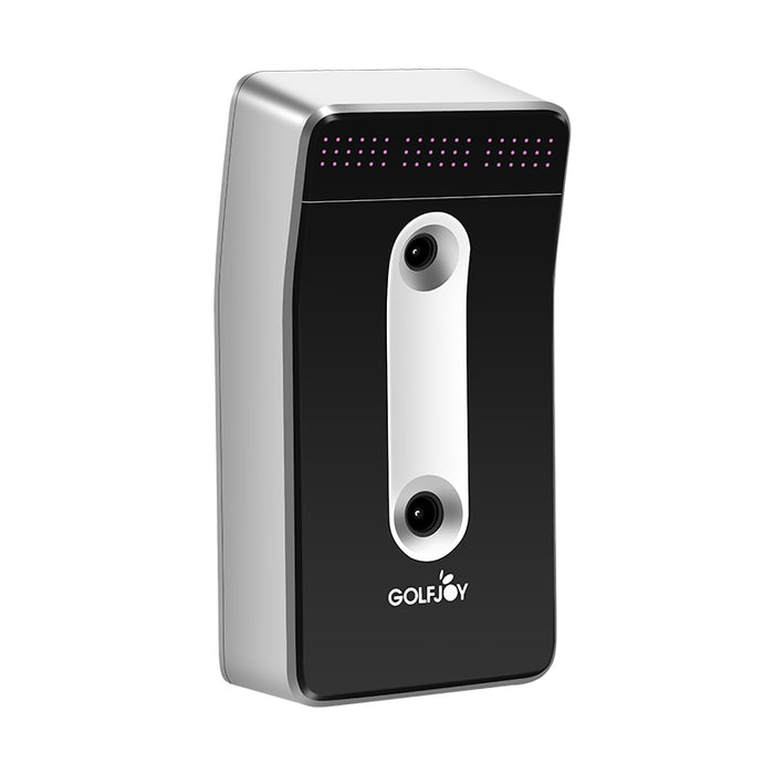 Left-angle view of the Golfjoy GDS Plus Launch Monitor, highlighting its modern aesthetics and compact form factor.
