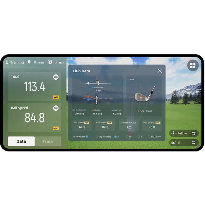 The Golfjoy GDS Plus Launch Monitor mobile app data screen, displaying comprehensive shot analysis and performance metrics.