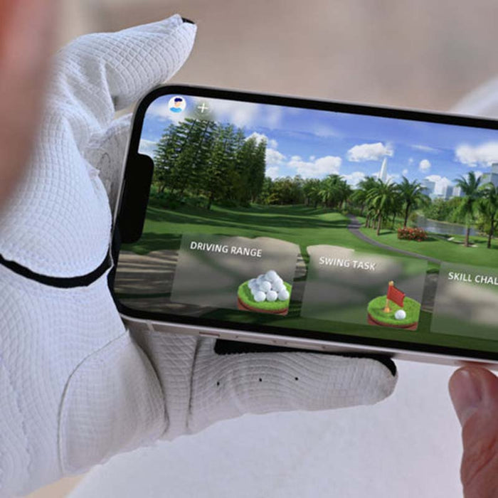 Close-up view of the Golfjoy GDS Plus Launch Monitor mobile app interface, showing various practice modes like driving range and skill challenge.