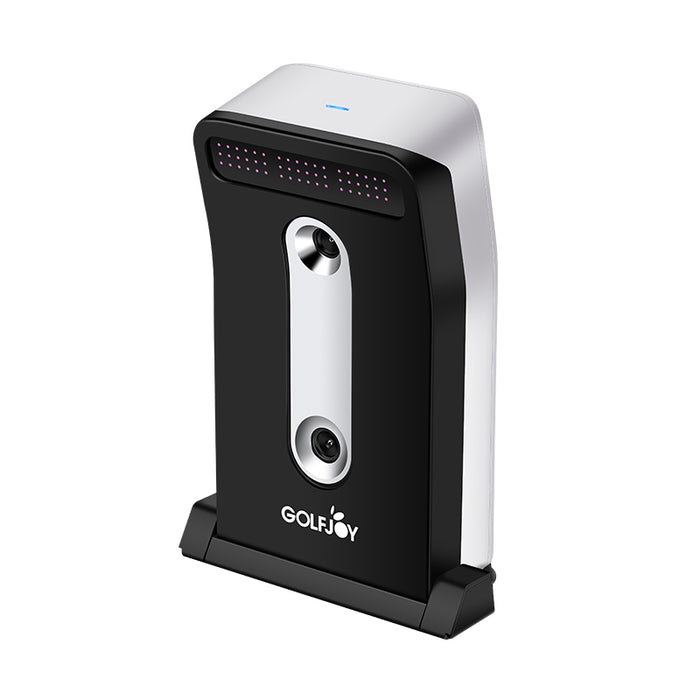 Right-angle view of the Golfjoy GDS Plus Launch Monitor, displaying its robust build and high-tech features suitable for professional golfers.