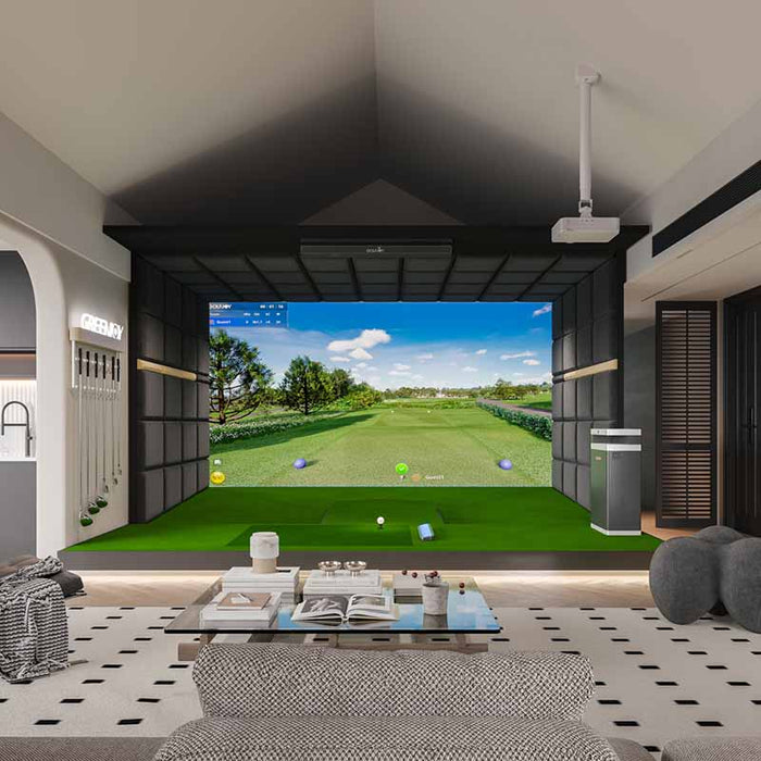 Luxurious living room setup featuring the Golfjoy GSV Max overhead launch monitor with a large screen and green mat.