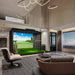 Elegant penthouse setup with the Golfjoy GSV Max overhead launch monitor, a large screen, and modern furnishings.