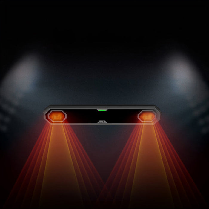 Visual representation of the detection range of the Golfjoy GSV Max overhead launch monitor with red beams.