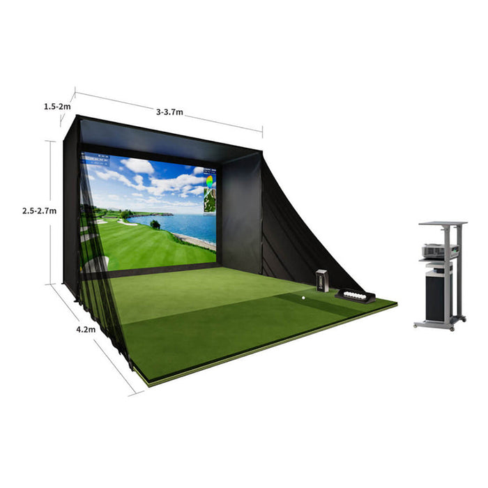 Diagram showing the dimensions of the Golfjoy personal golf simulator setup, including height, width, and depth.