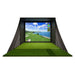 A straightforward golf simulator setup with a large screen showing a golf course. The setup includes a green hitting mat and a simple net structure, designed for quick and easy assembly.