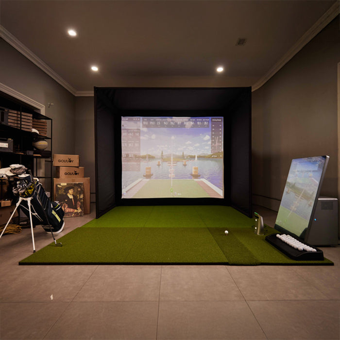 Golfjoy Personal Golf Simulator enclosure featuring a durable screen, creating an immersive training environment.