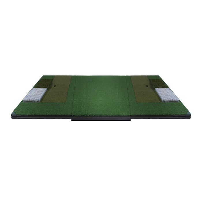 A golf simulator mat designed for both left and right-handed players, simulating fairway conditions.