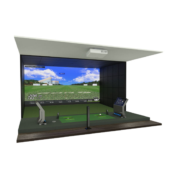 Dual handed Golfzon simulator view highlighting the projector and screen.