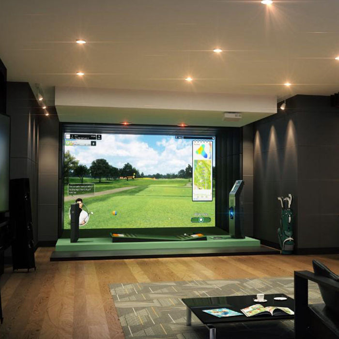 Luxury indoor golf simulator by Golfzon featuring realistic virtual fairway, touchscreen controls, and premium swing analysis setup in a modern home entertainment room.