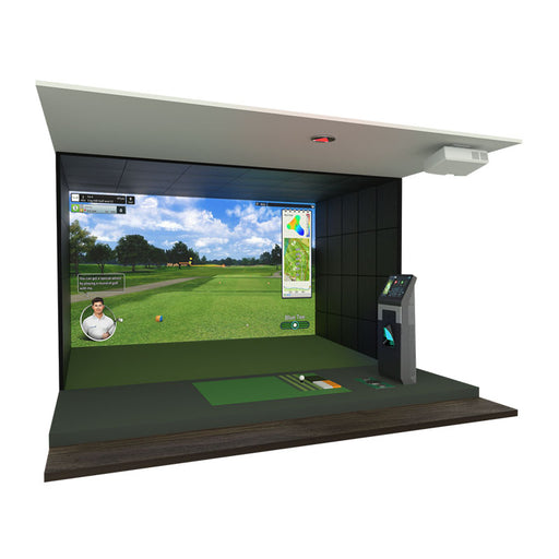 Overhead view of Golfzon TwoVision T4 simulator with screen and mat.