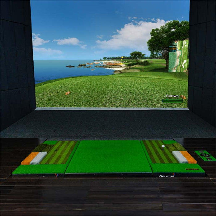 Frontal view of Golfzon T1 simulator showcasing oceanic golf course scene.