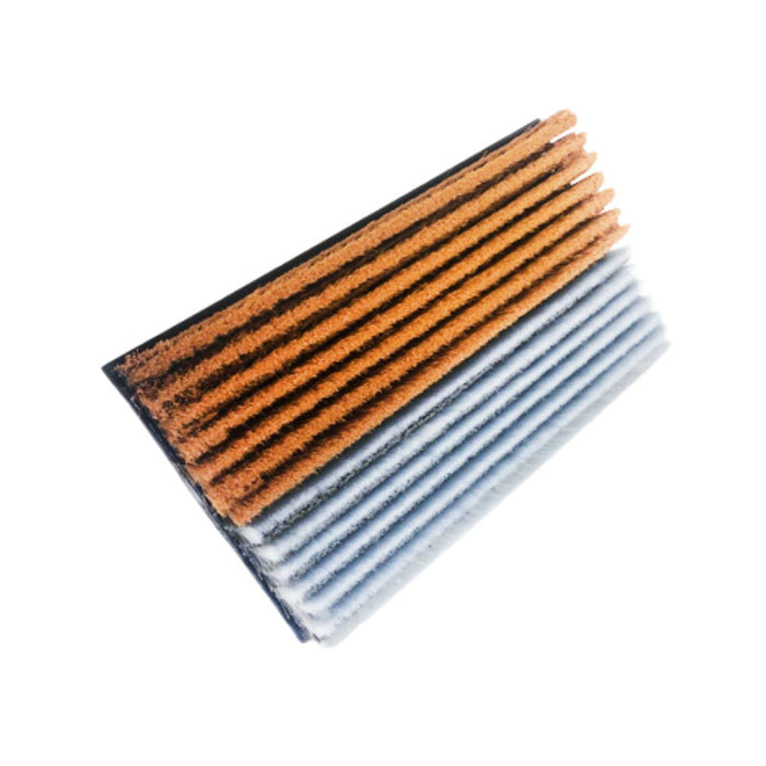 Golf simulator mat with striped brown and white turf sections.