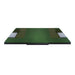 Layered golf simulator mat, green turf, detailed white sand bunker.