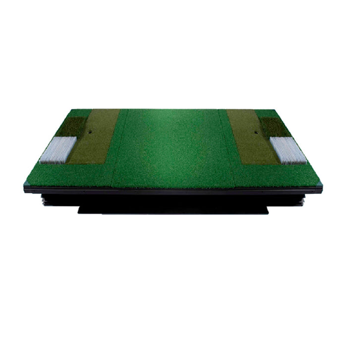 Full-sized golf simulator mat, green turf, white sand area, rectangular.