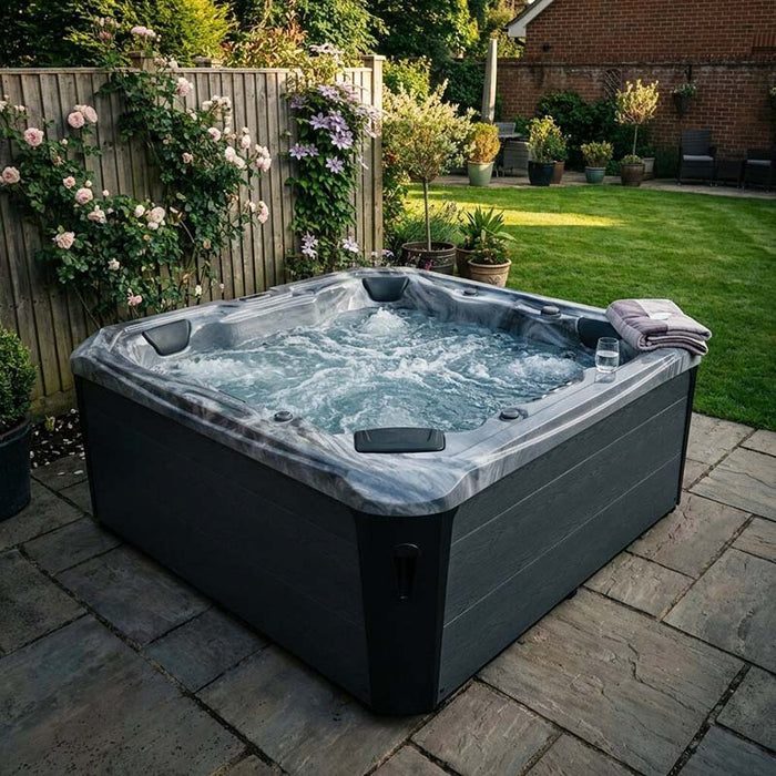 H2O Coral 5-Person Hot Tub open in a summer UK garden with grey acrylic shell and dark cabinet, towel and glass on the surround
