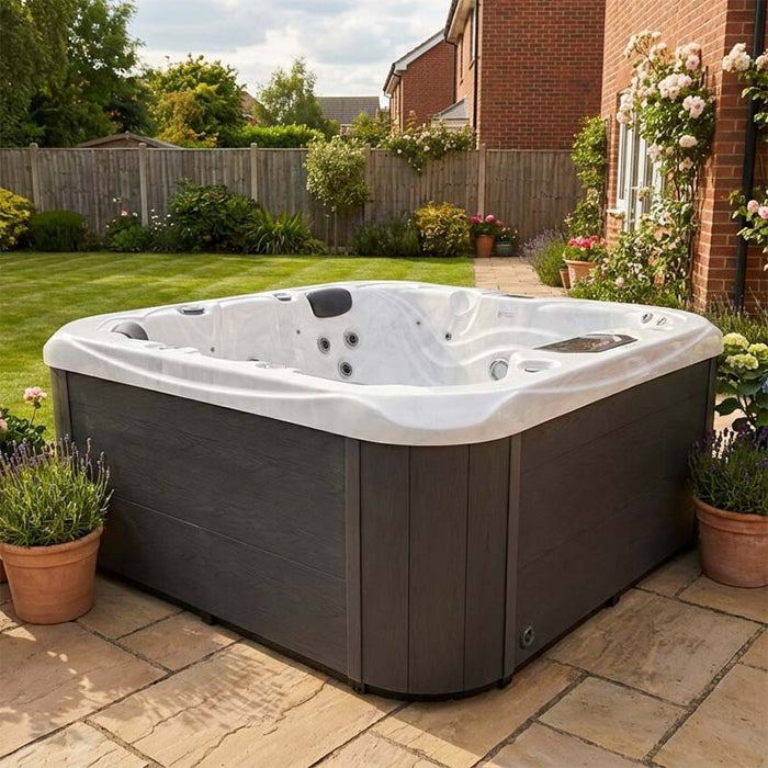 H2O Retreat Pro 5-Person Hot Tub with white shell and grey cabinet installed on a patio alongside a brick house with rose borders