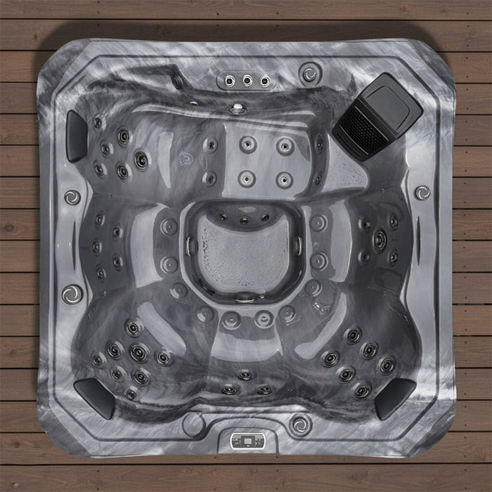 H2O Vortex 6-Person Hot Tub aerial top-down view on timber decking showing full grey marbled seating configuration, jet positions, lounge seat, and integrated AquaSonic speaker unit