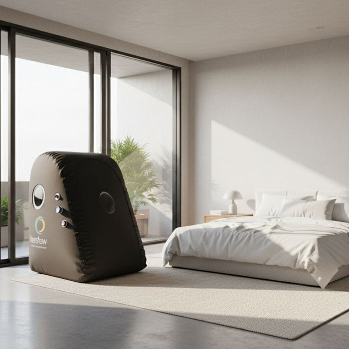 Henshaw Easy Access Hyperbaric Oxygen Chamber placed in a serene bedroom, ideal for in-home recovery and oxygen therapy.