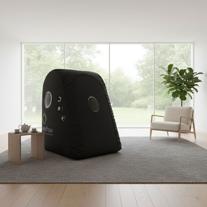 Compact Henshaw Easy Access Hyperbaric Oxygen Chamber in a modern living room, designed for home oxygen therapy and wellness recovery.
