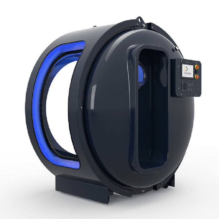 Isolated product image of the Henshaw Monozen Hyperbaric Chamber with visible control panel and entrance, emphasising its innovative circular design and accessibility.