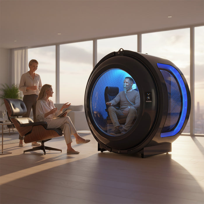 Henshaw Monozen Hyperbaric Chamber in a high-rise city apartment with a man undergoing oxygen therapy, creating a premium wellness experience at home.