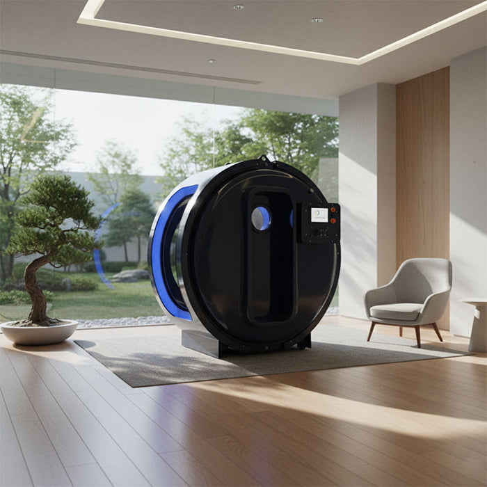 Henshaw Monozen Hyperbaric Oxygen Chamber displayed in a tranquil modern interior with wood flooring and large windows, designed for single-person oxygen therapy sessions.