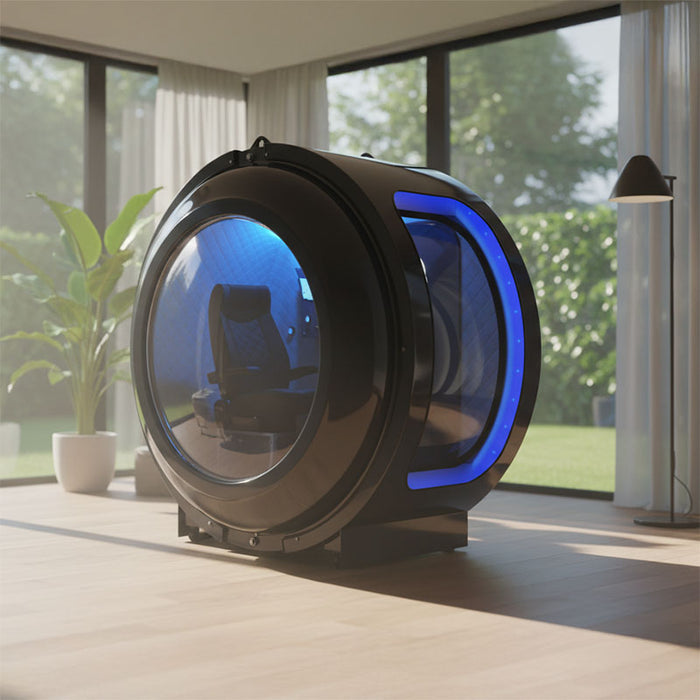 Side view of the Henshaw Monozen Hyperbaric Chamber in a luxury home setting, showing illuminated blue accents and ergonomic interior chair for advanced oxygen therapy.