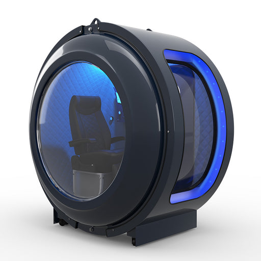 Studio-rendered image of the Henshaw Monozen Hyperbaric Chamber highlighting its curved structure, padded walls and medical-grade seat for private oxygen sessions.