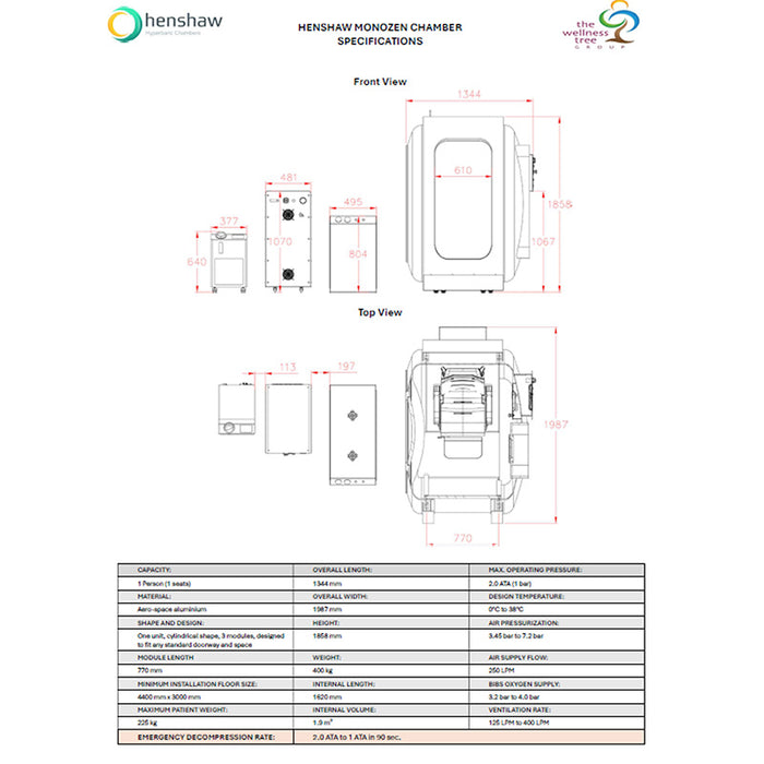 Technical specifications diagram of the Henshaw Monozen Chamber showing front and top views with detailed measurements and operational data.