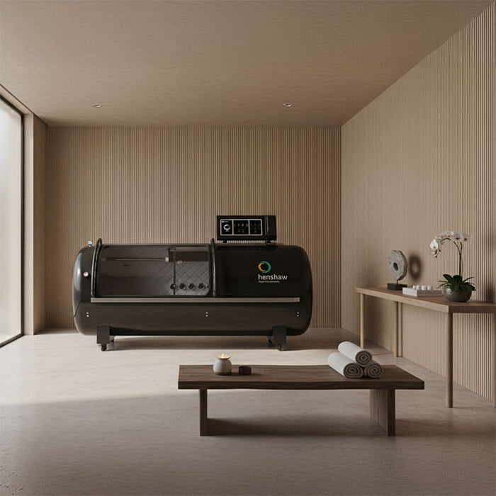 Elegant spa environment featuring the Henshaw Pro Hyperbaric Chamber, designed for therapeutic oxygen sessions in high-end relaxation spaces.