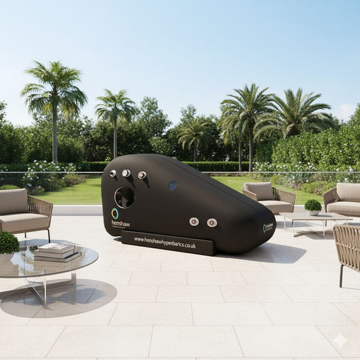 Outdoor installation of the Henshaw Recline Hyperbaric Chamber on a patio with palm trees, ideal for wellness retreats.